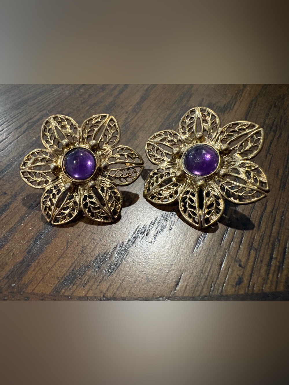 Antique Inspired, Gold-Tone Filigree earrings with Purple Center Stone